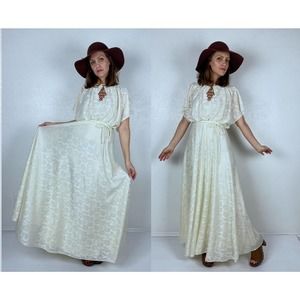 vintage 70s Cream Roses GRECIAN GODDESS Maxi DRESS xs/s draped gown full skirt